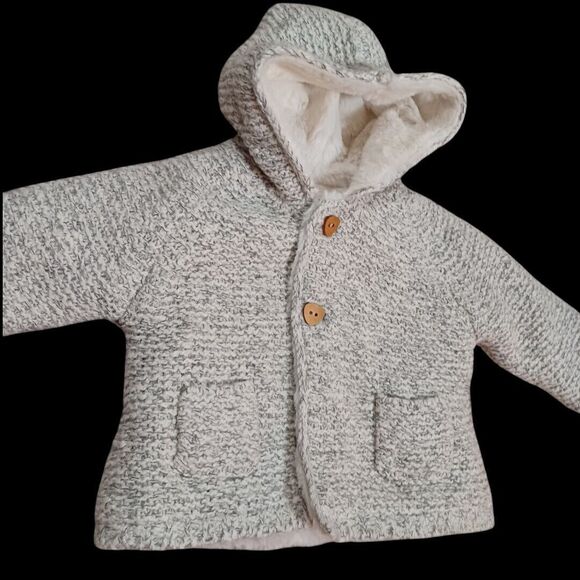 Zara Mini Collections Sweater Jacket Fleece Lined Hooded Grey White 6-9 Months - Picture 2 of 9